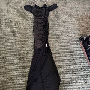 Fashion Nova Black Asymmetrical Ruched Mesh Gown